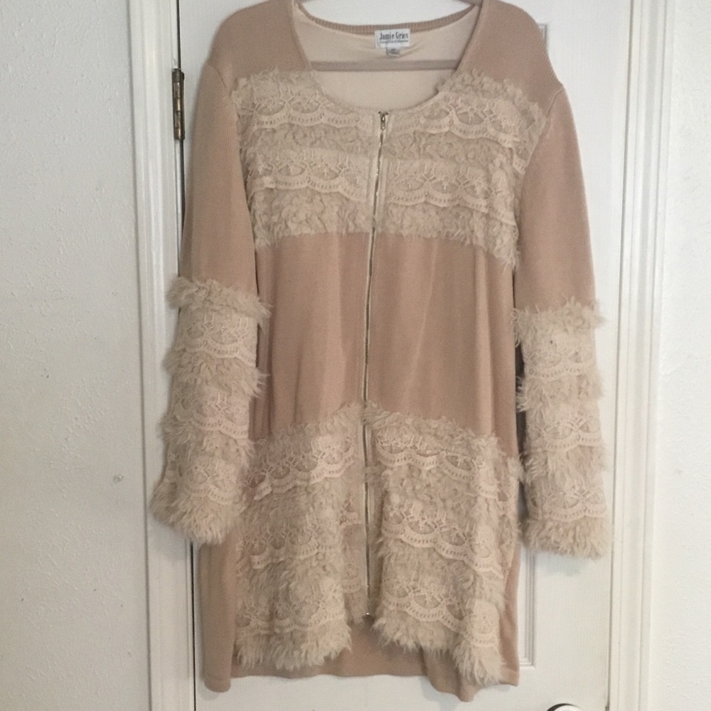 Vintage Jami Gries Beige Lace Women’s Long Cardigan (Cozy Chic Collection)